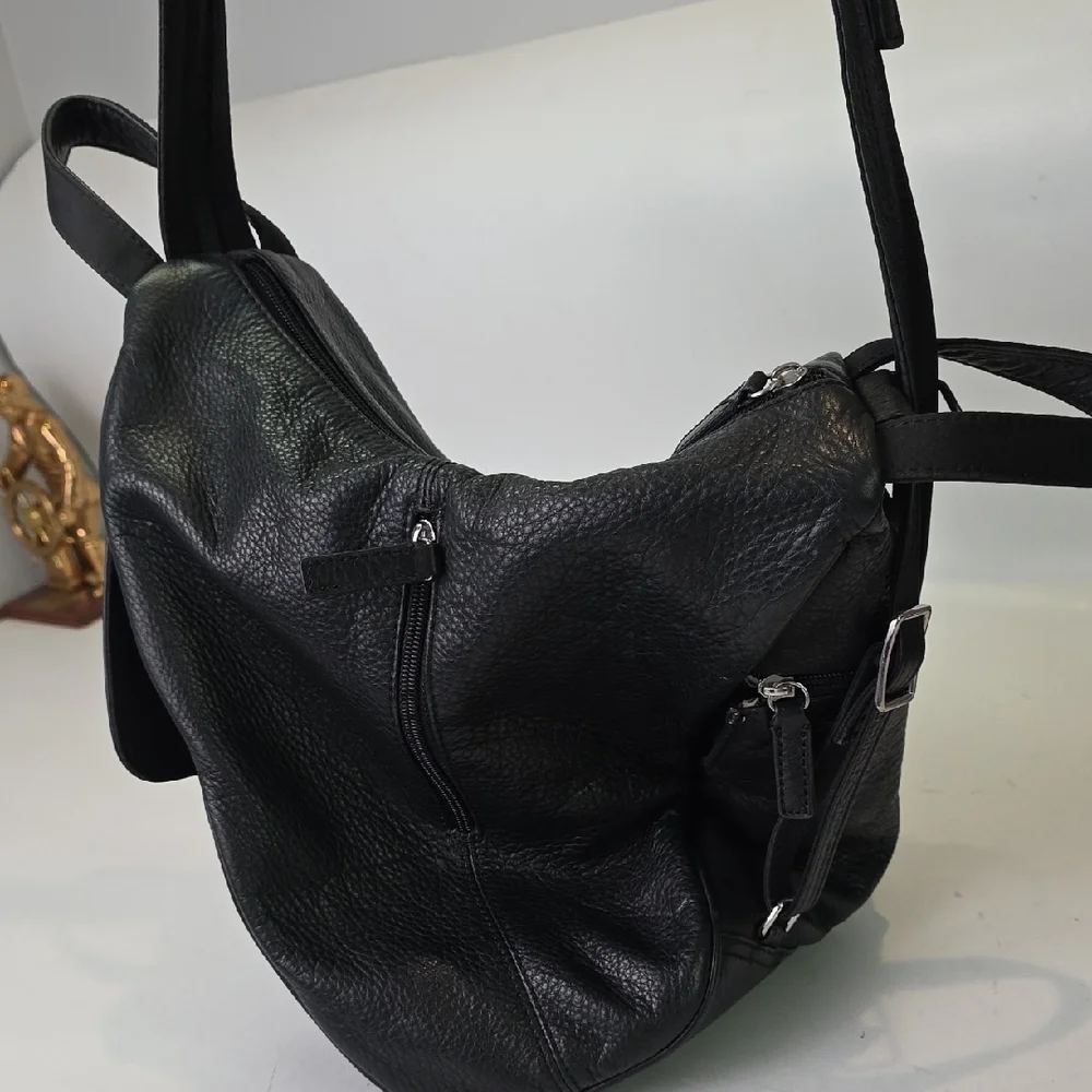 Black Leather Backpack Travel‎ Shoulder Bag Zip With Pockets Purse